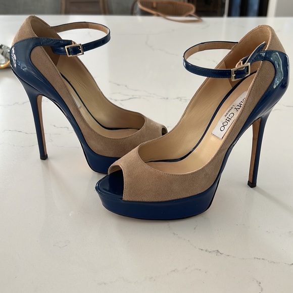 Nude suede and blue patent jimmy choo heels - Picture 4 of 5